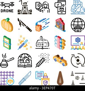 Collection of conceptual vector icons depicting drones, security cameras, houses, meteorites, tools, cars, data servers, pumpkin, knife, coffee, and m Stock Vector