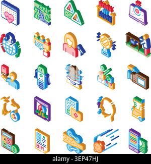 Isometric icons illustrating various concepts including work from home, online education, science, communication, and business solutions in different Stock Vector