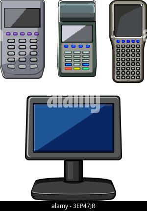 Point of sale system equipment with various payment terminals and an accompanying monitor providing essential tools for retail transactions and busine Stock Vector