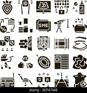 Collection of minimal black glyph icons representing various concepts including business, technology, lifestyle, medical, and food, offering versatile Stock Vector