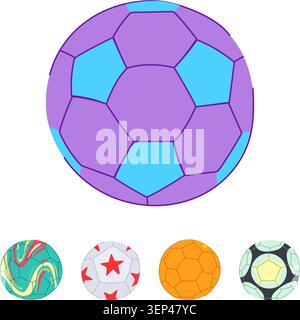 Collection of stylized sports equipment, featuring a large purple and blue ball along with smaller illustrations of different multicolored game balls, Stock Vector