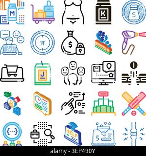 Diverse collection of linear icons representing various concepts including commerce, logistics, health, customer service, business strategies, data an Stock Vector
