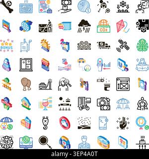 Collection of conceptual isometric and line icons creating a comprehensive set representing various business services, community needs, and everyday o Stock Vector