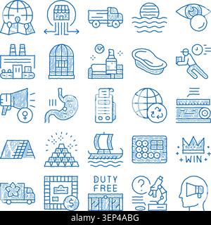 Set of doodle line vector icons illustrating various aspects of e commerce, global trade, delivery, manufacturing, advertising, health, and luxury sho Stock Vector