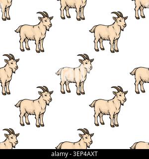 Seamless vector pattern of cute cartoon goats with horns and beards, repeating farm animal illustration Stock Vector