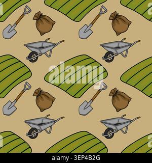 Seamless vector pattern of farm equipment and fields, cartoon style Stock Vector