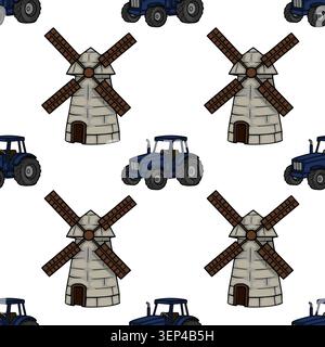 Seamless vector pattern of blue tractors and stone windmills on white background Stock Vector