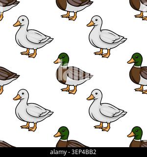 Seamless vector pattern with cute cartoon mallard and white ducks, ideal for children's designs Stock Vector