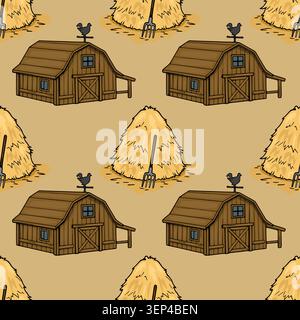 Seamless farm pattern vector with rustic barn, hay bales, and rooster weather vane illustration Stock Vector