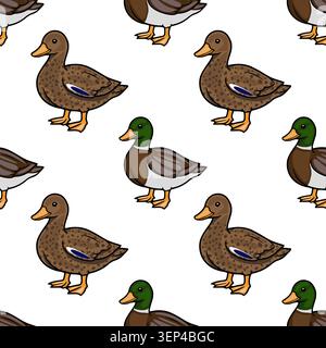 Seamless vector pattern illustration of mallard ducks with brown and green heads on white background Stock Vector