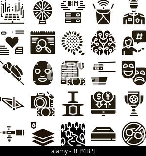 Set of solid glyph icons featuring different themes and subjects, including technology, finance, nature, health, and entertainment symbols, useful for Stock Vector