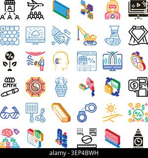 Collection of outline and isometric icons showcasing diverse themes including technology, business, commerce, finance, infrastructure, travel, and var Stock Vector