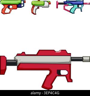 Stylized colorful water guns and laser blasters in a playful collection for summer fun and imaginative battles, cartoon vector set on white background Stock Vector
