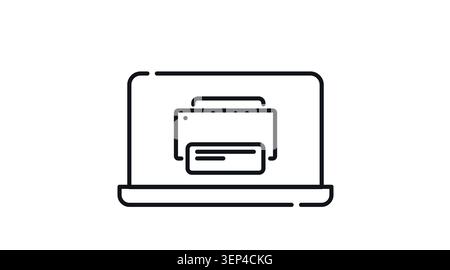 Laptop and printer icon: portable notebook computer displaying print management symbol on screen, minimalist black line art vector illustration. Stock Vector