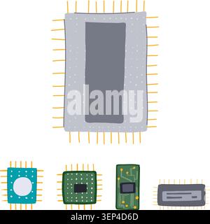 Close up of microchip components and integrated circuits on a motherboard, representing computing power, modern electronics, and the core hardware beh Stock Vector