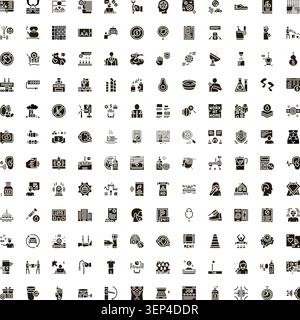 Set of glyph icons depicting various concepts related to business, healthcare, technology, environment, transport, and finance, presented in a simple, Stock Vector