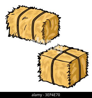 Two vector bales of golden hay tied with brown straps, isolated on white background Stock Vector