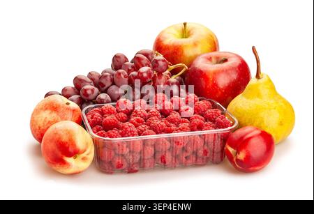 raspberry fruit mix path isolated on white Stock Photo