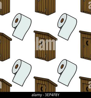 Rustic outhouse and toilet paper roll seamless pattern vector illustration Stock Vector
