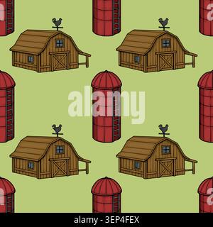 Seamless vector pattern of charming wooden barns and red silos with chicken weather vanes on a light green background. Stock Vector