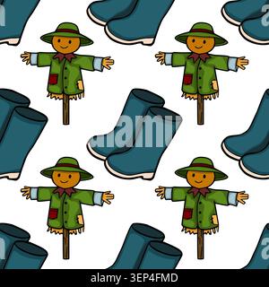 Whimsical vector pattern of cute scarecrows and rubber boots for autumn harvest Stock Vector