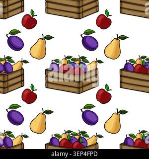 Seamless vector pattern of fresh fruits in wooden crates, ripe apples, plums, and pears Stock Vector