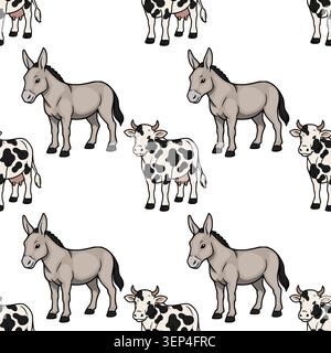 Charming farm animal vector pattern with cows and donkeys on white background Stock Vector