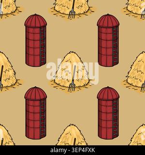 Seamless farm pattern vector with red silos and haystacks, rustic countryside background illustration Stock Vector