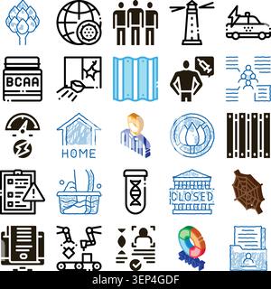 Variety of flat, line, and isometric icons illustrating concepts across business, web development, science, technological innovation, social issues, a Stock Vector