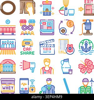 Collection of minimal line icons depicting different services, leisure activities, commerce, communication, and business concepts as a modern pictogra Stock Vector