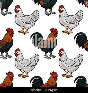 Seamless vector pattern of cartoon roosters and hens, farm animal illustration Stock Vector