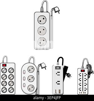 Collection of different power strips and extension cords, illustrating various electrical adapters and sockets for energy distribution and device char Stock Vector
