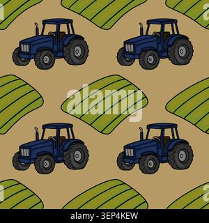 Seamless vector pattern of blue tractors and green farm fields on a brown background Stock Vector