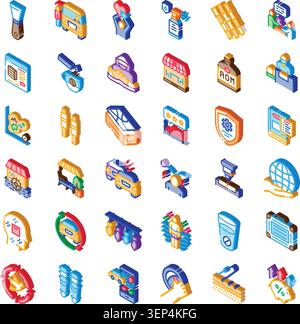 Isometric icon set showing services, technology and business conceptsshopping, delivery, support, analytics, cloud, security and global communication Stock Vector