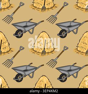 Seamless vector pattern of farm tools and haystacks, cartoon style Stock Vector
