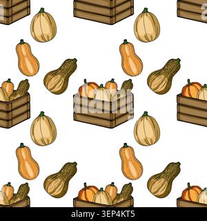 Autumn harvest vector pattern with pumpkins in wooden crates and scattered gourds Stock Vector