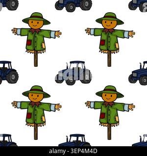 Cute vector pattern of friendly scarecrows and blue tractors on a white background, perfect for autumn farm themes Stock Vector