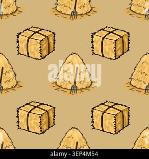 Seamless vector pattern of golden hay bales and a pitchfork on a beige background Stock Vector