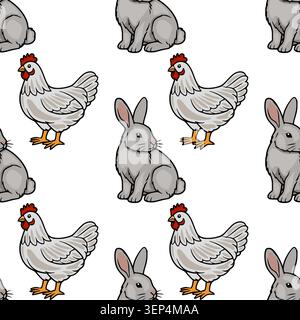 Seamless vector pattern of cute cartoon rabbits and chickens on a white background Stock Vector