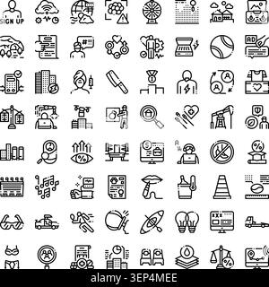 Comprehensive set of black and white line icons covering categories like digital services, finance, health, environment, recreation, and social issues Stock Vector
