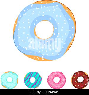 Assorted colorful donuts with vibrant glazes and festive toppings arranged on white background, playful flat vector illustration perfect for bakery, p Stock Vector