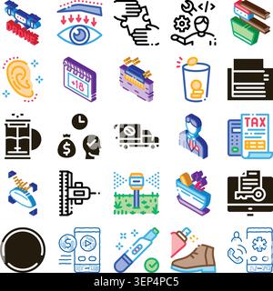Isometric icon set showing business, technology and finance conceptscoding, analytics, payments, investment, healthcare and logistics in modern vector Stock Vector