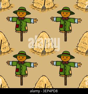 Cute scarecrow and hay bale seamless pattern vector illustration for autumn harvest theme Stock Vector
