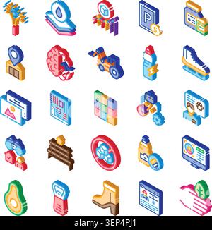 Collection of colorful isometric icons illustrating various concepts from business, technology, construction, lifestyle, finance, healthcare, and natu Stock Vector