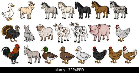 Charming vector illustration of diverse farm animals, a delightful collection for educational and agricultural themes. Stock Vector