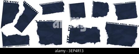 Set of torn black papers with tear sheet pieces black pack. Blanks uneven ragged textured edges. Crumpled reminder cutouts hole crumple grunge damaged Stock Vector