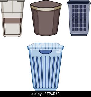 Laundry baskets and hampers for organizing dirty clothes, practical storage solutions for tidy bathrooms, bedrooms and utility rooms in home and apart Stock Vector