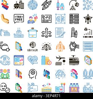 Variety of colorful and monochrome doodle style icons illustrating diverse concepts related to business, technology, finance, travel, health, and gene Stock Vector