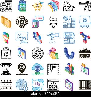 Colorful outline icon set illustrating technology, finance, medicine, ecology, construction, security and entertainment concepts for web, apps, busine Stock Vector