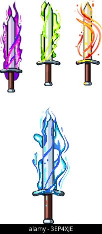 Four stylized cartoon swords glowing with vibrant magical energies and elemental effects including fire, water, poison, and a mystical purple aura, su Stock Vector